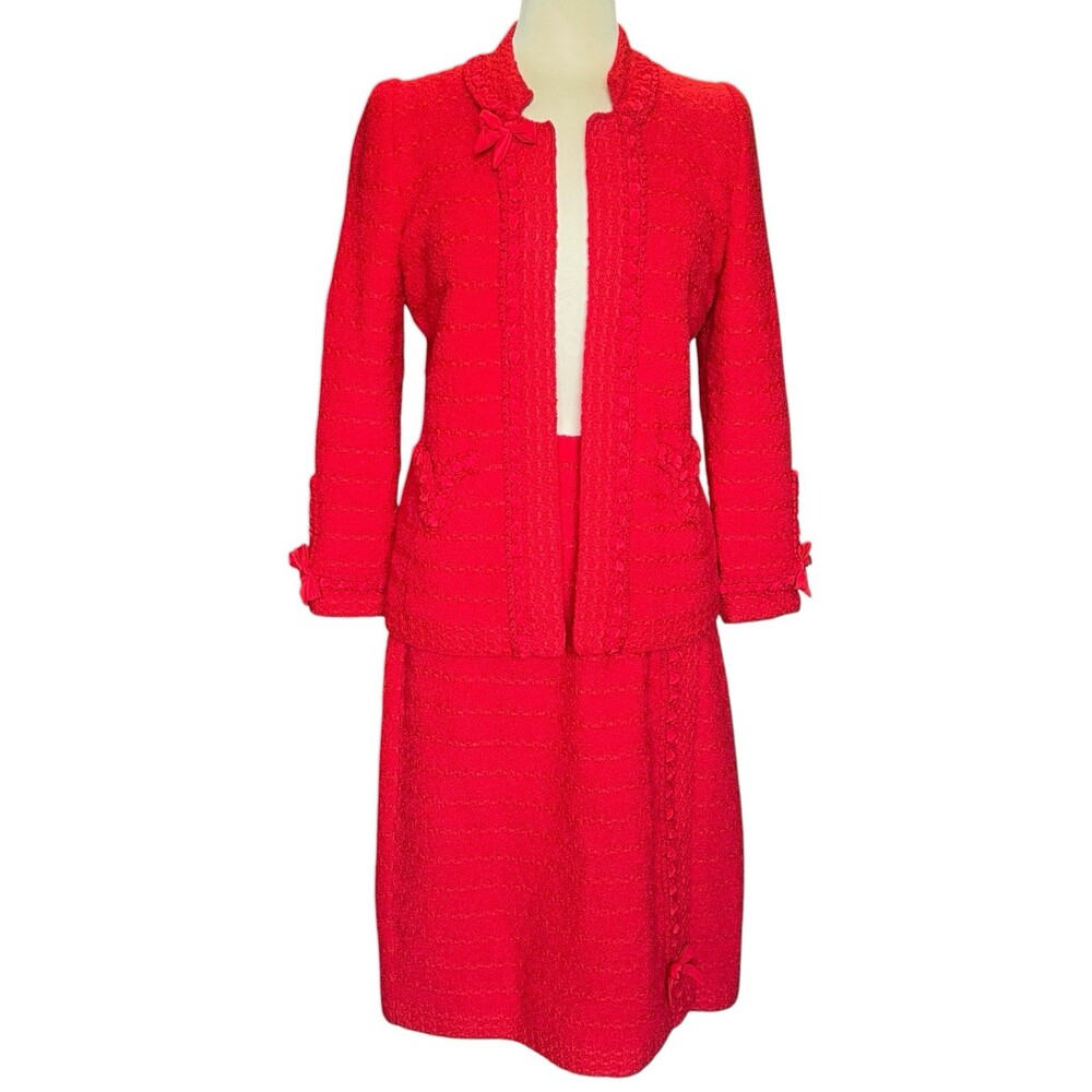 Vintage Adolfo New York Red Bouclé Skirt Suit 2 Piece Jacket Skirt Set M 8 10